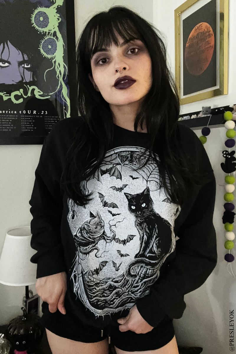 halloween goth spooky cat and bat sweatshirt