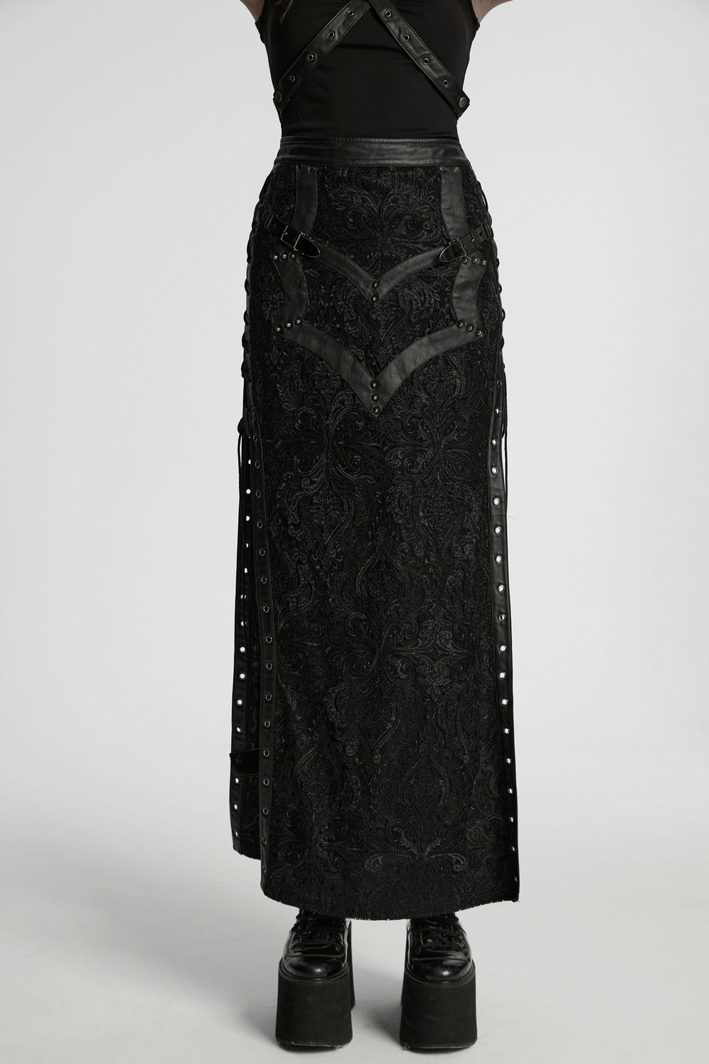 vegan leather lace-up long goth skirt