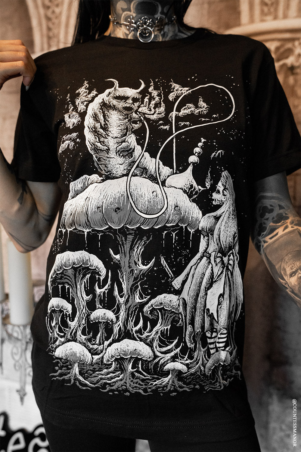 whimsigoth alice in wonderland adn mushroom shirt