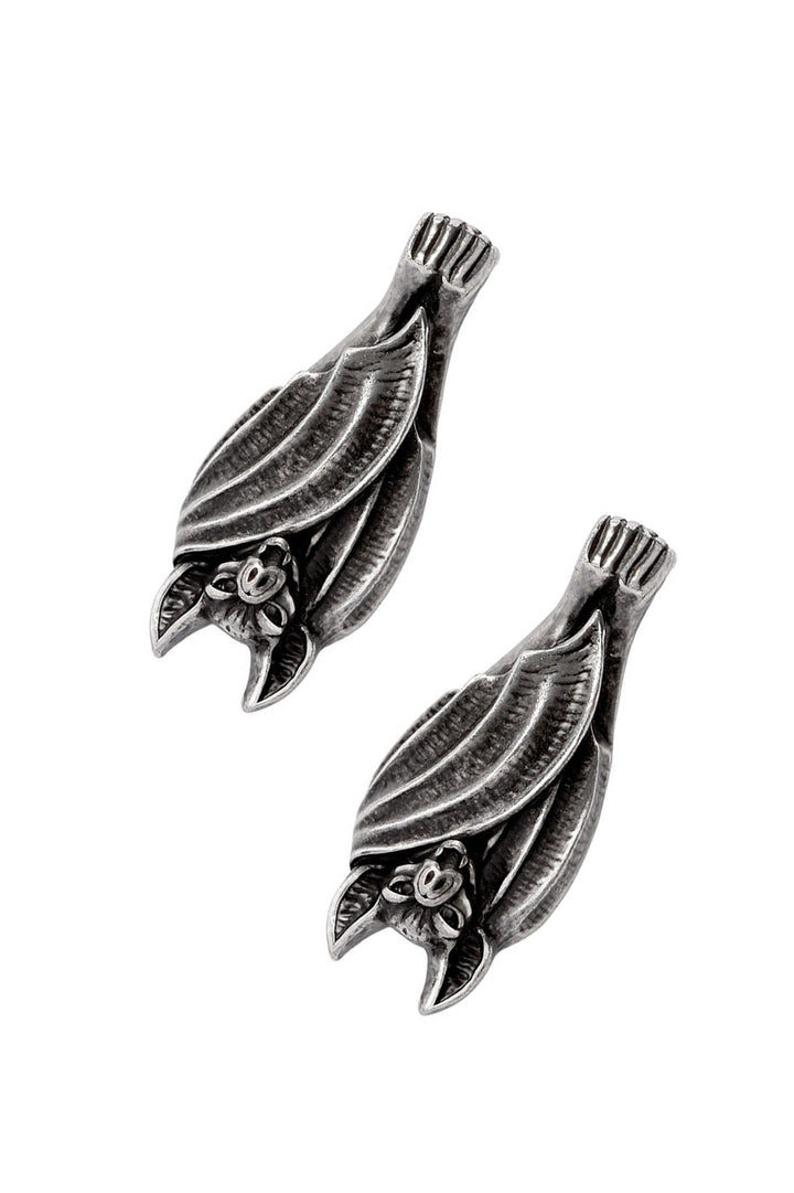 stud earrings with charms that look like bats hang from your ears