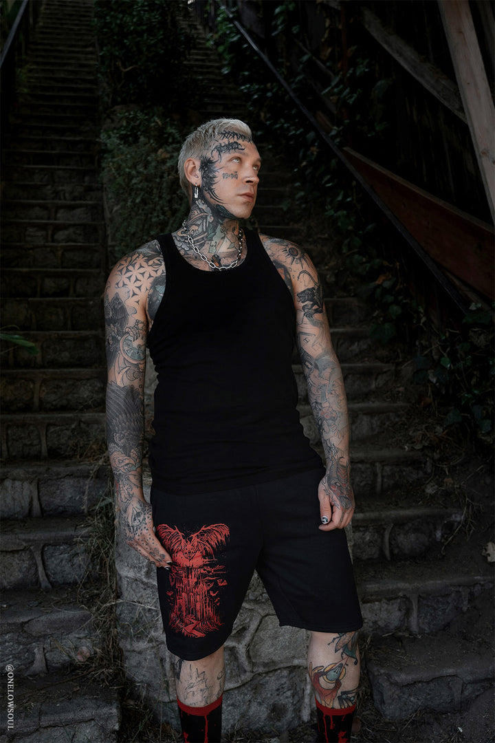 mens long black cotton punk workout shorts