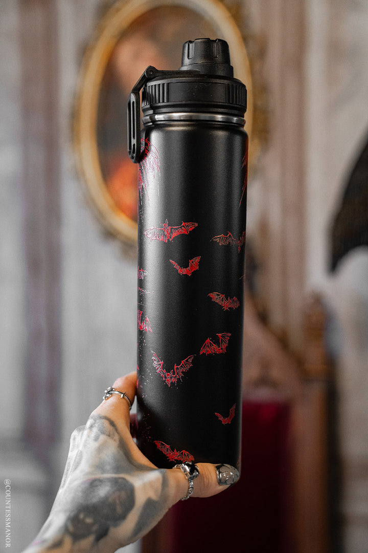 stainless steel goth bat black adn red water bottle
