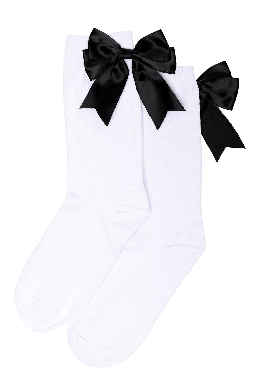 white socks with black ribbon bows sewn on