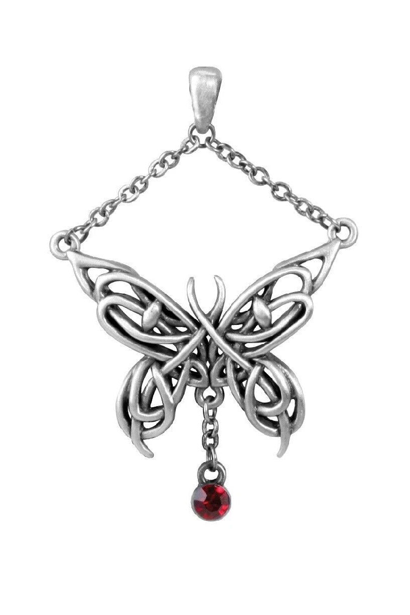 pewter butterfly necklace pendant with red rhinestone crystal