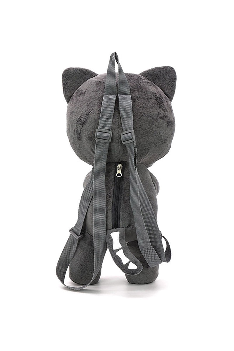 creepy cute Black and white kitten skeleton cat plush toy backpack with a red heart on a white background