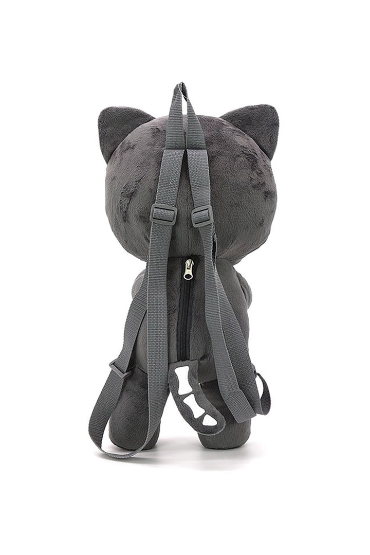 creepy cute Black and white kitten skeleton cat plush toy backpack with a red heart on a white background
