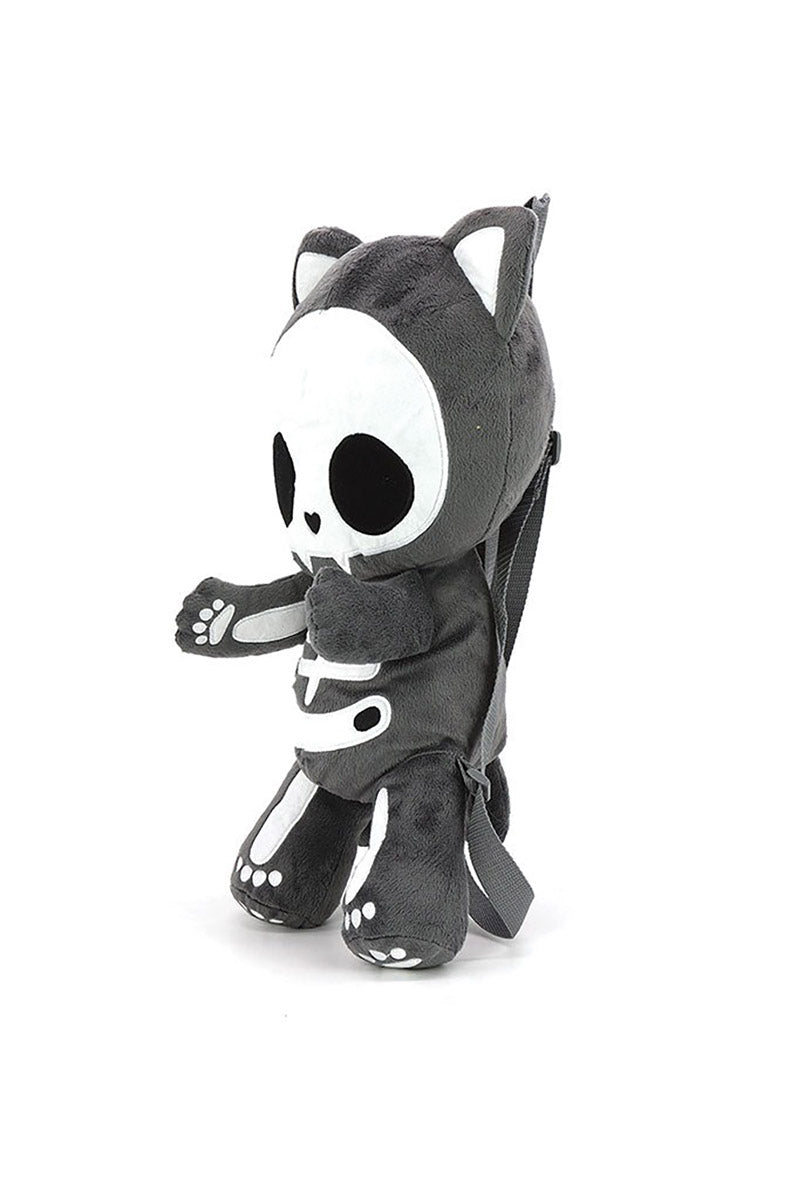 emo Black and white skeleton cat plush toy backpack with a red heart on a white background