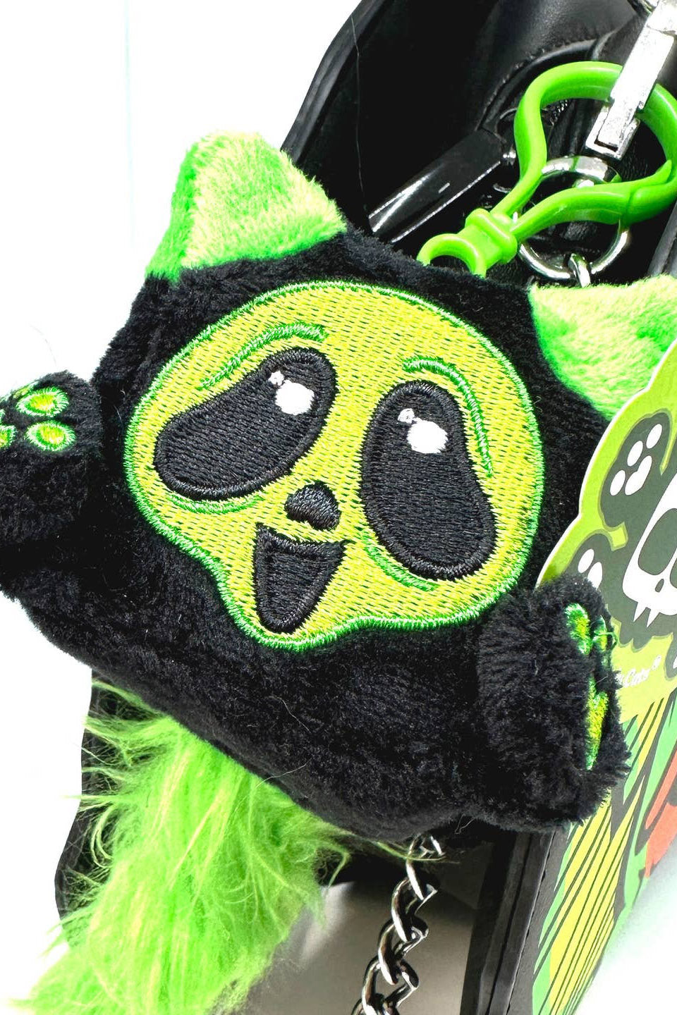 creepy cute green and black cat plush clip keychain by squaredeycats