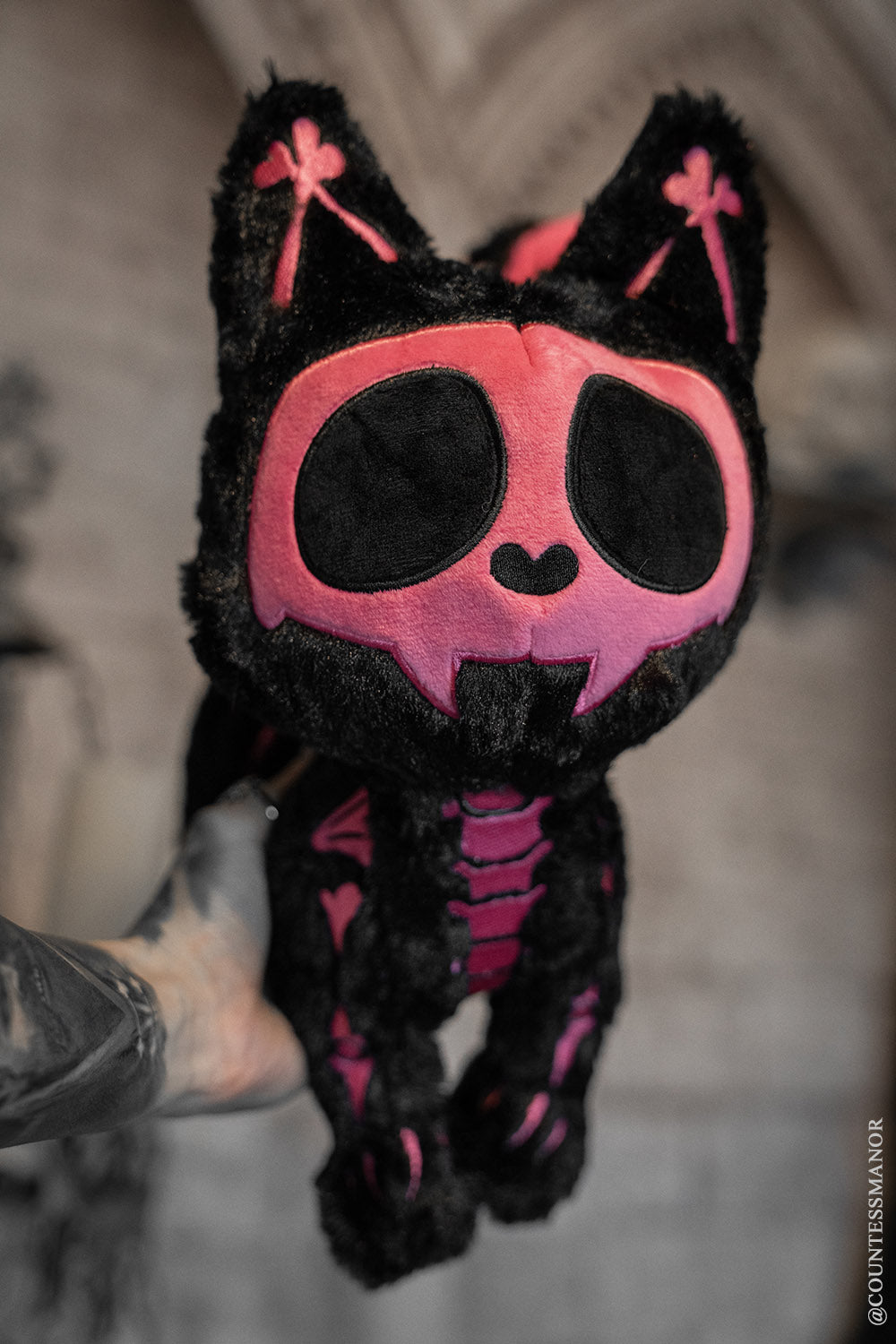 hot pink and black skeleton halloween cat plush toy by vampire freaks