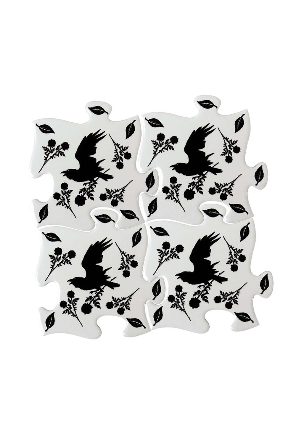 Set of black crow birds and leaf coasters on a white background