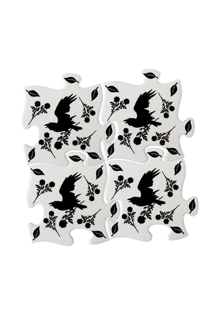 Set of black crow birds and leaf coasters on a white background
