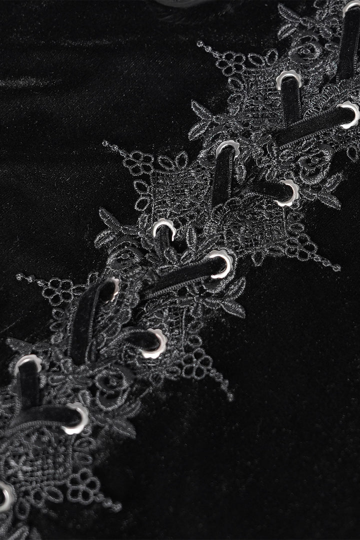 lace-up embroidered black velvet whimsigoth top