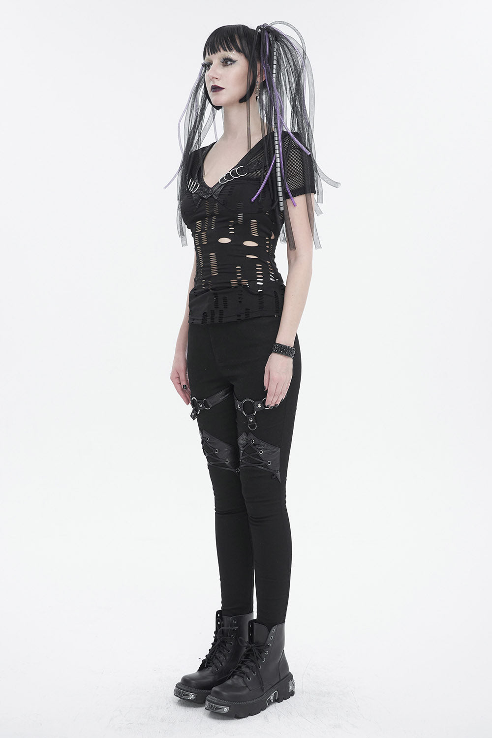 plunging neckline distressed cyber goth top by devil fashion