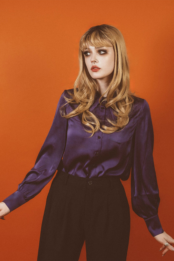 womens gothic dark purple satin button down shirt by lively ghosts