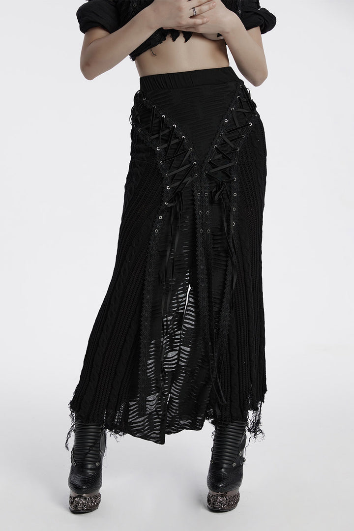 high waisted distressed long maxi skirt