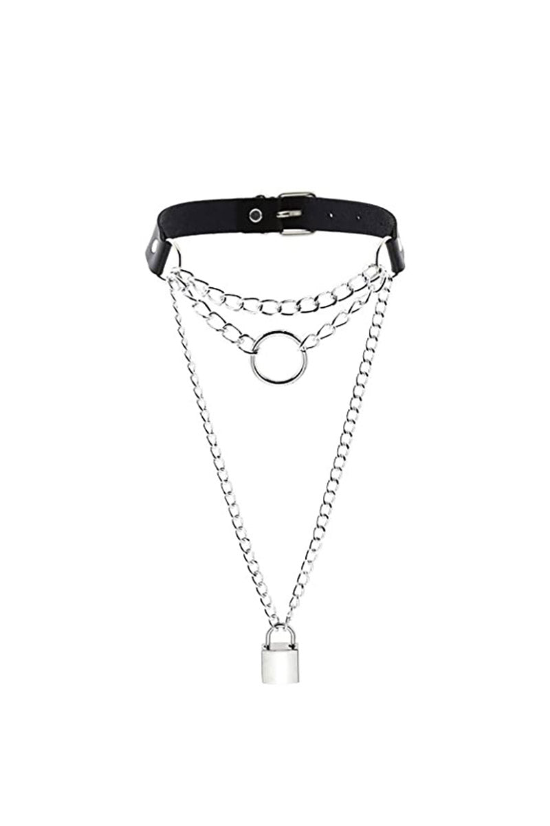 womens layered emo choker with lock pendent 