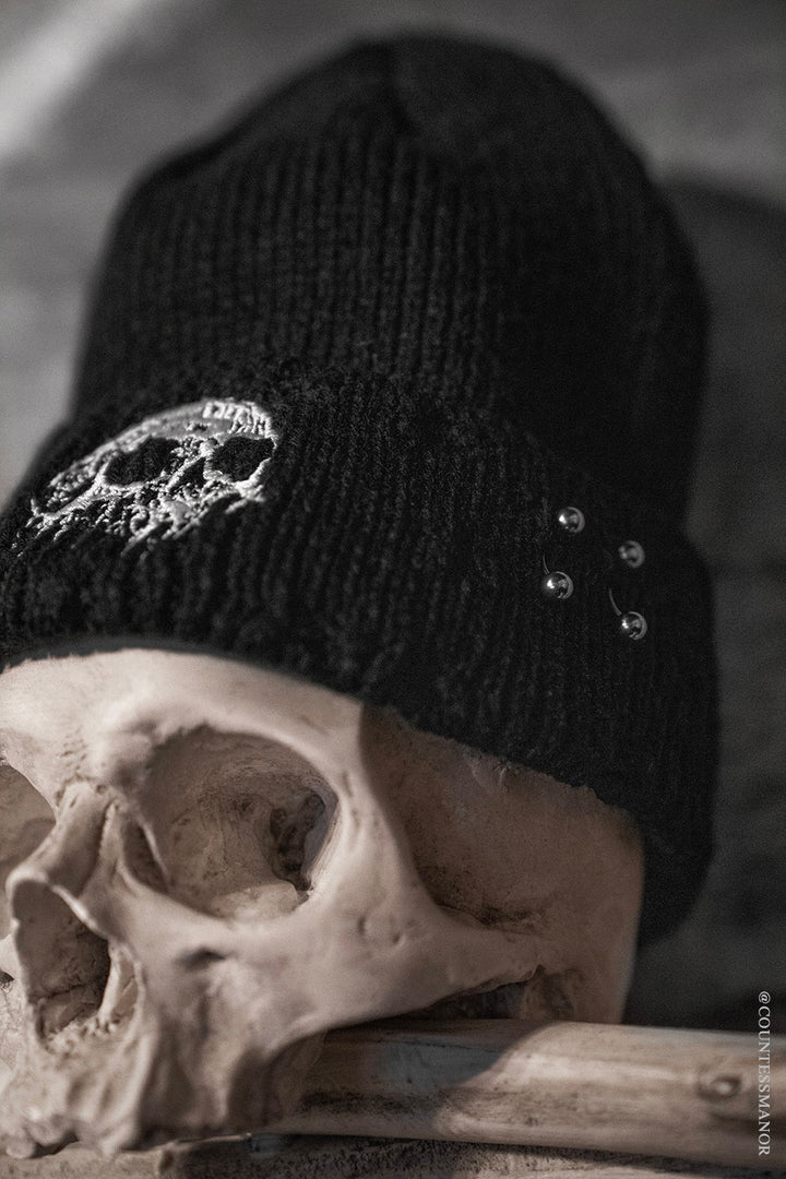 gothic skater beanie hat with embroidered skull