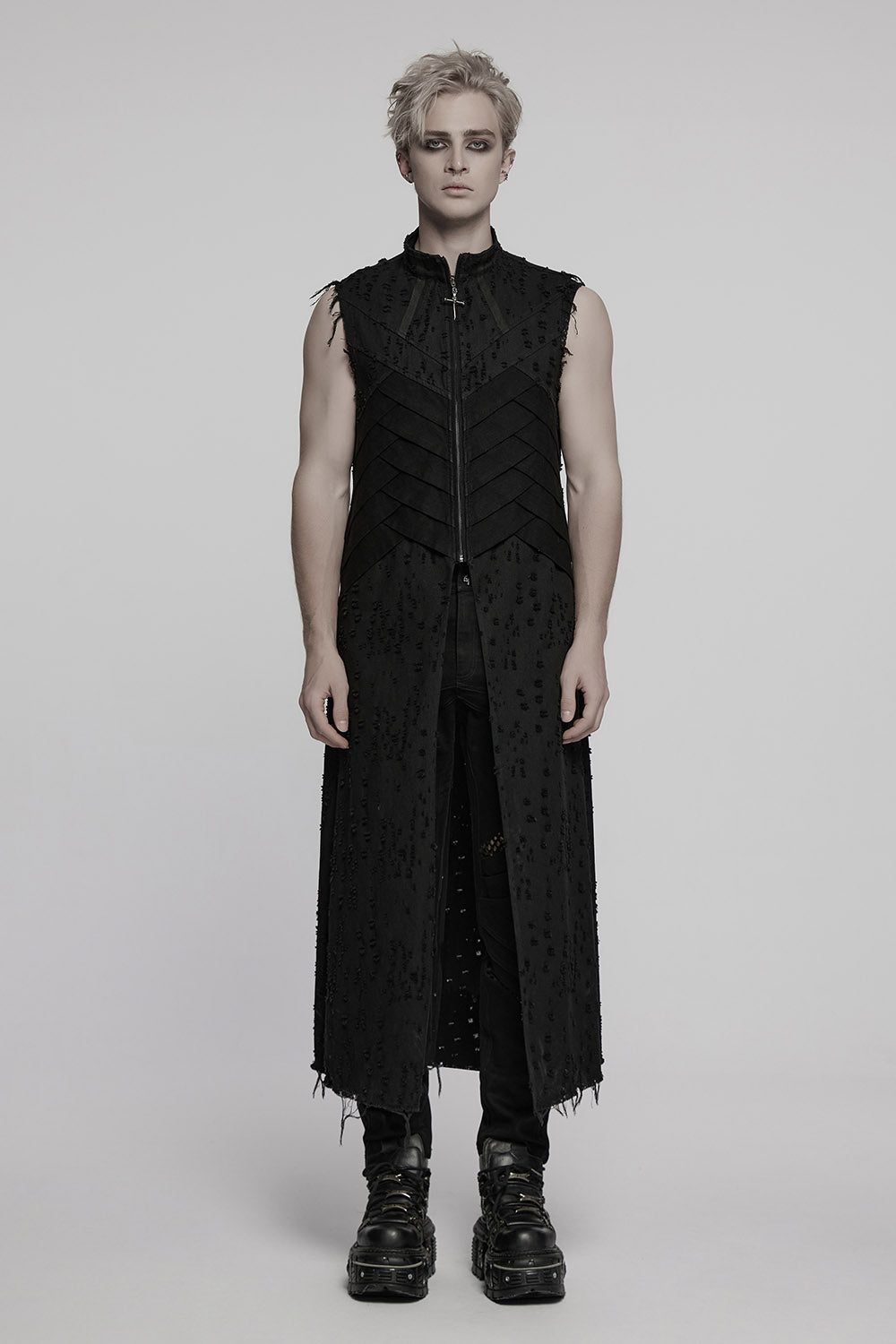 mens long shredded trench coat with skull and bones zipper pull