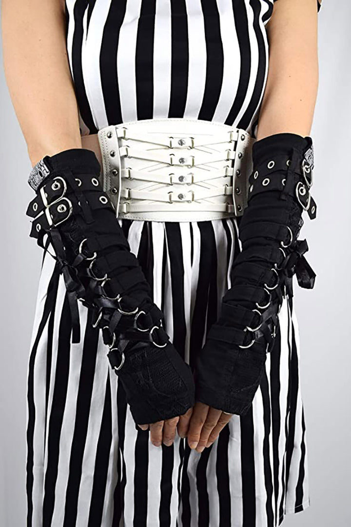 black lace-up punk long gloves by poizen industries