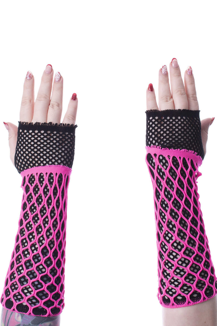 pink and black fishnet gloves