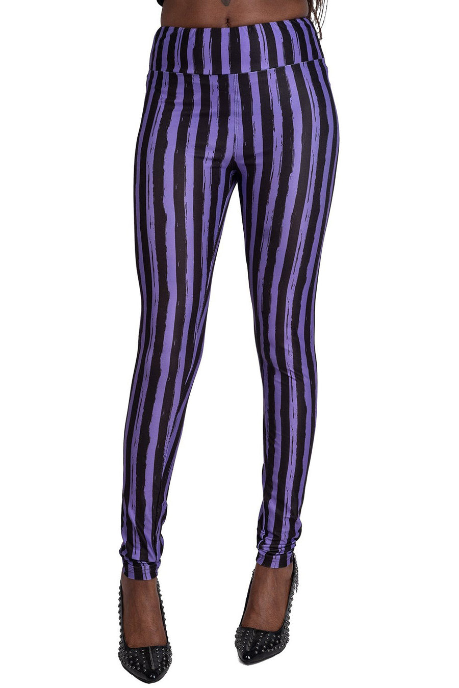 womens distressed purple and black striped leggings