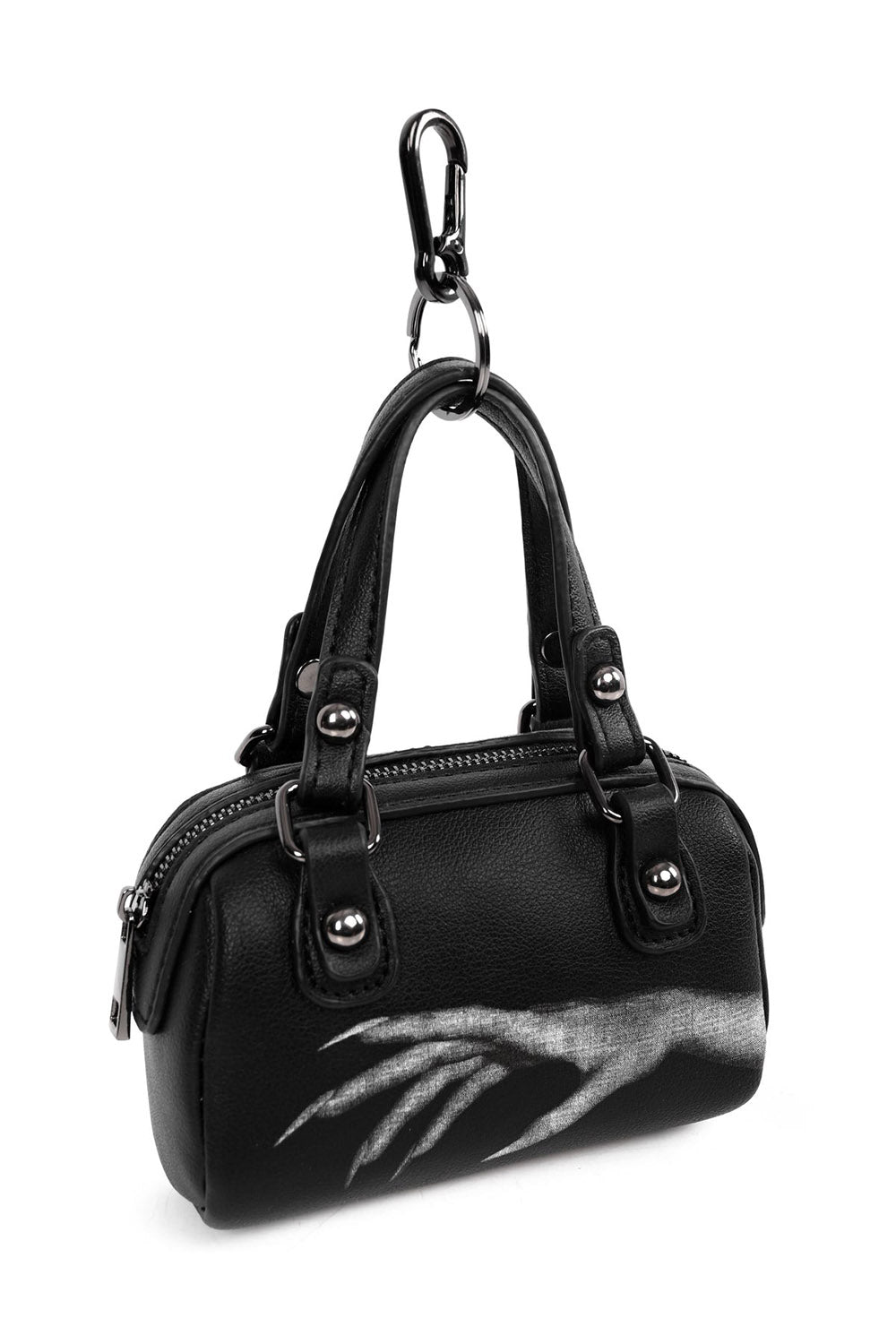 small black keychain bag with ghost hand graphic