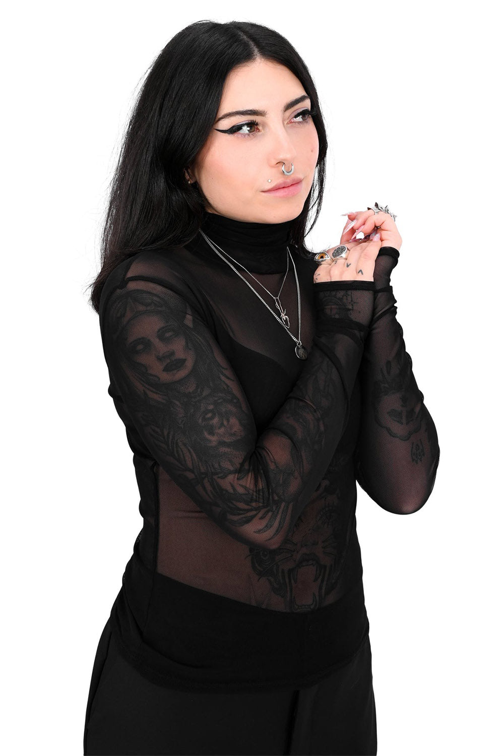 womens black mesh top with thumbhole cut outs by foxblood