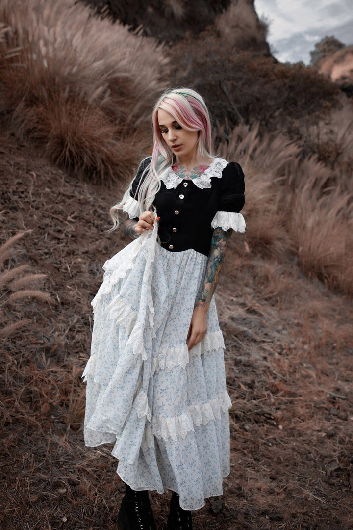white, black and baby blue cottagecore dress