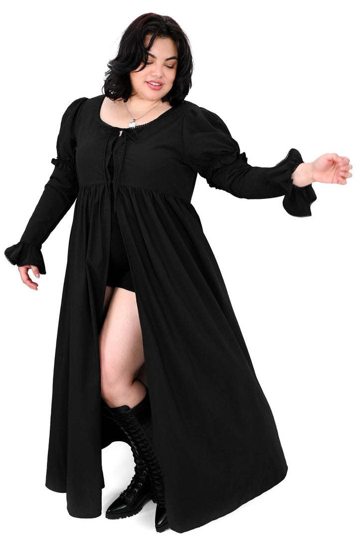 long black ruffled cardigan with open front