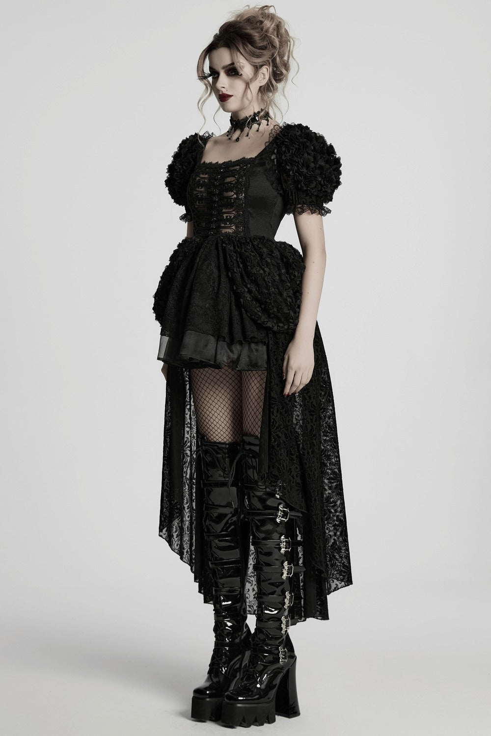 puff shoulder gothic high low black floral dress