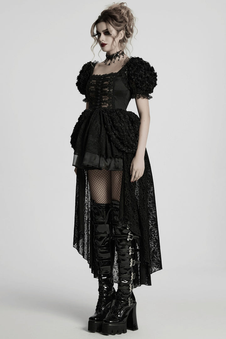 puff shoulder gothic high low black floral dress