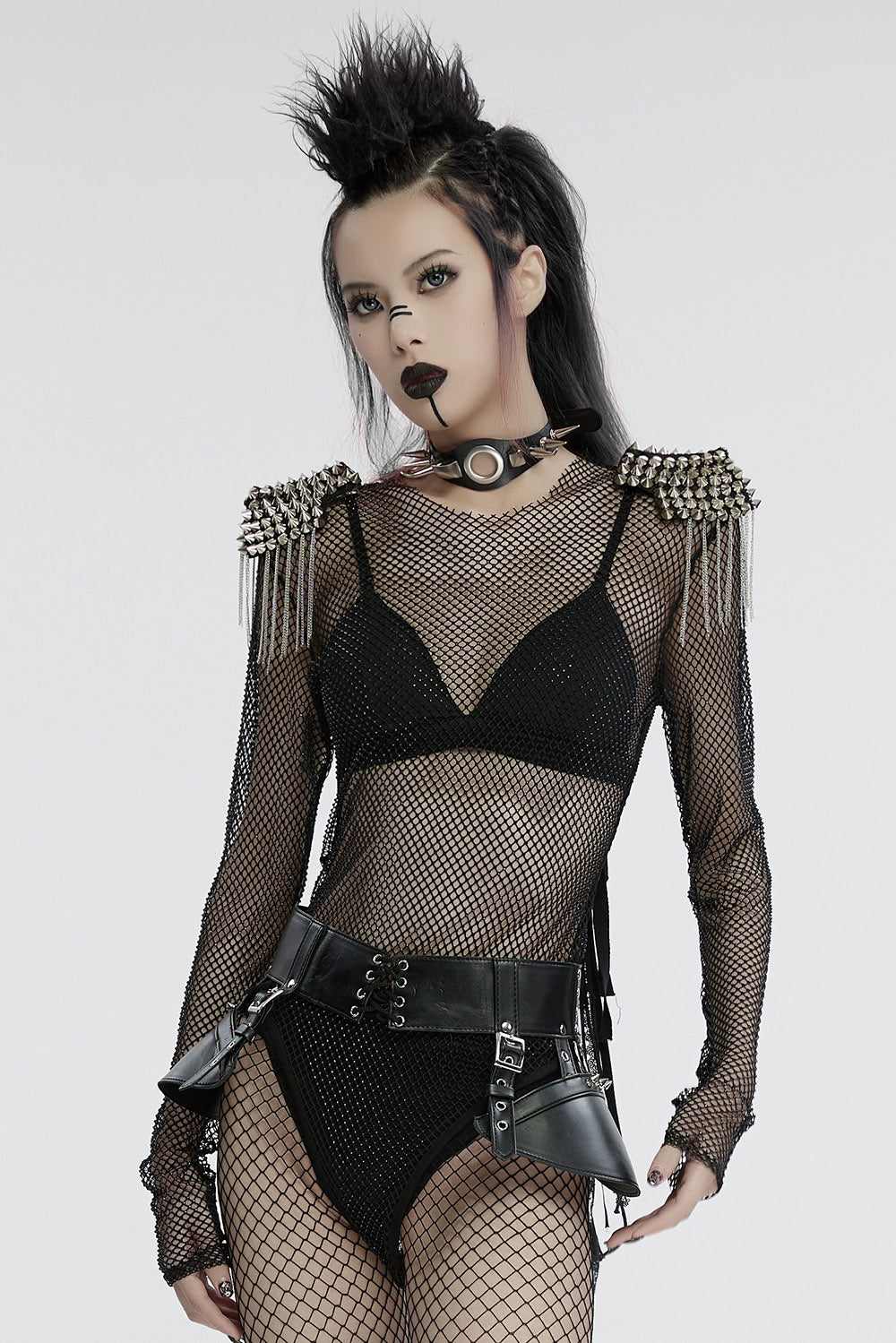 Spiked Shoulder Fishnet Bodysuit – VampireFreaks