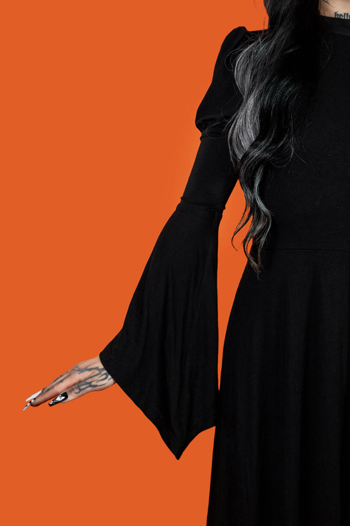 black witch long puff sleeve gothic dress with bell sleeves