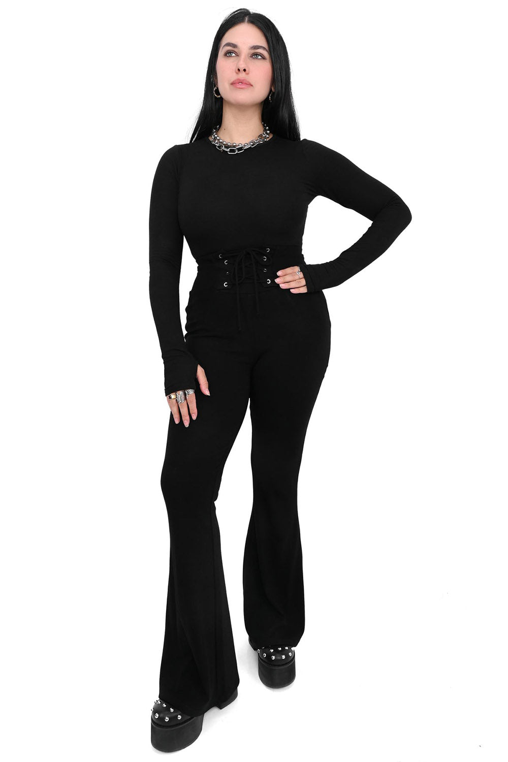 womens black ultra high-waisted flared pants