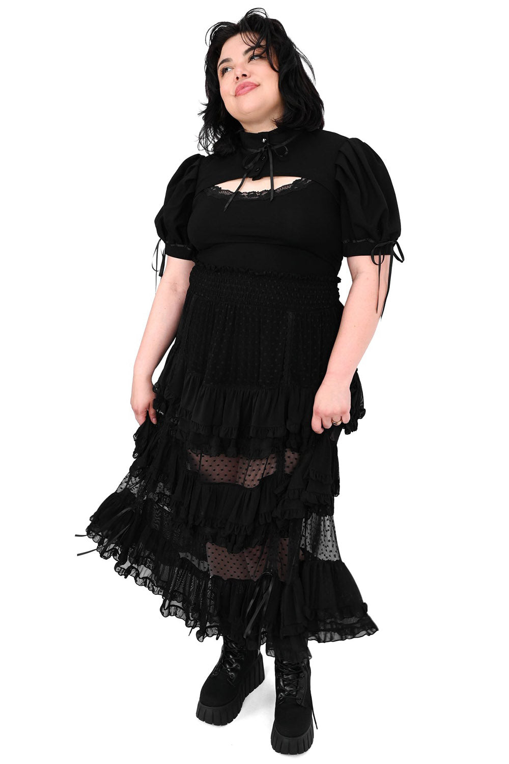 mesh cut out sheer maxi skirt