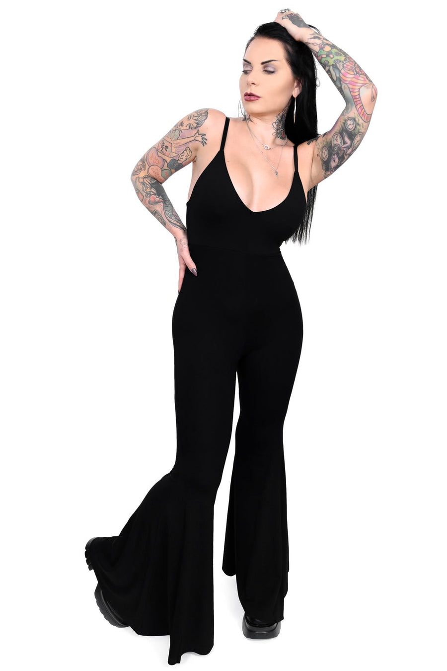 womens gothic plunging neckline jumpsuit