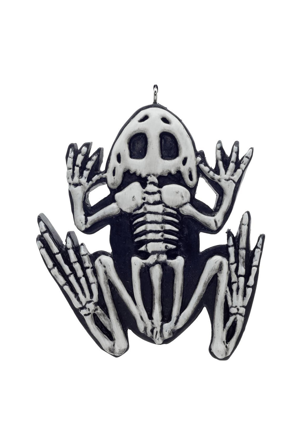 Skeletal frog xmas ornament on a white background