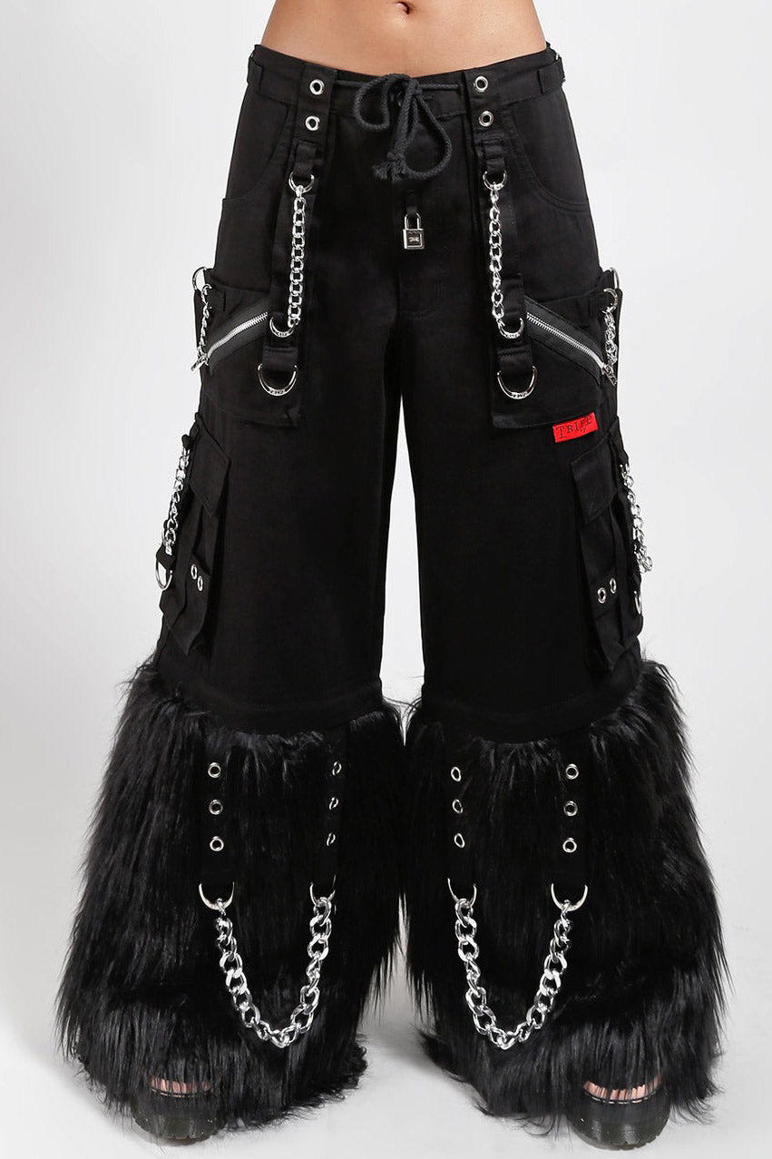 Black punk pants with fur and chains on a white background