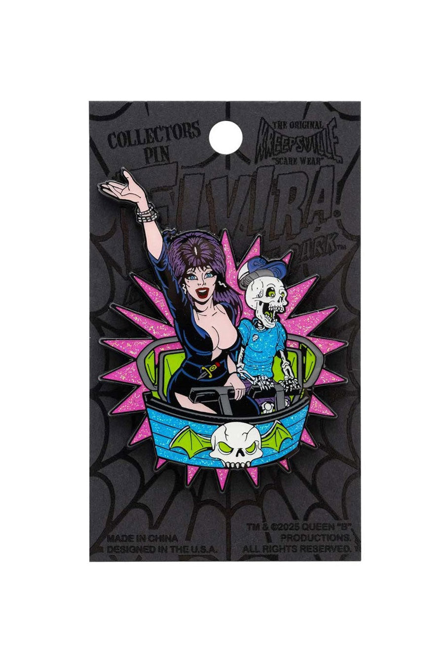 elvira roller coaster skeleton enamel pin