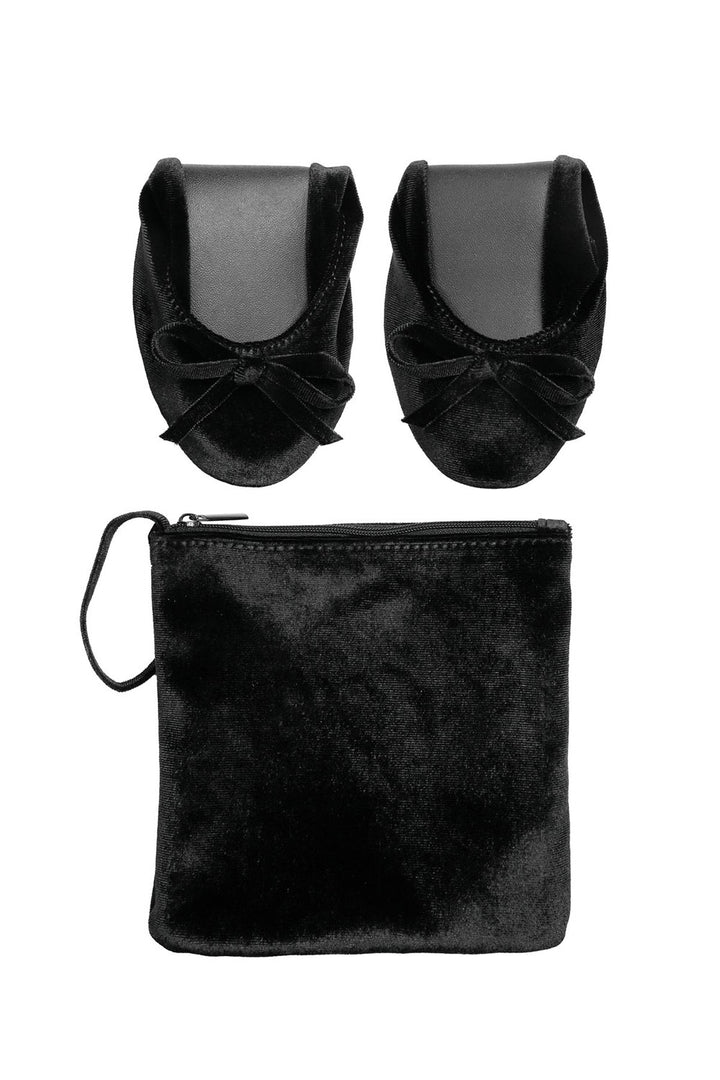 black velvet fold-up flats for dancing and foxblood black matching bag