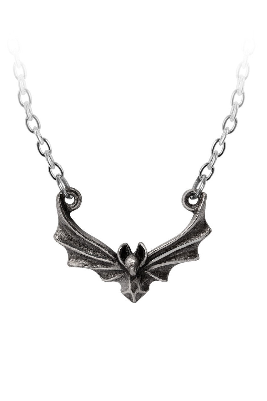 alchemy england Silver bat-shaped pendant on a chain against a white background