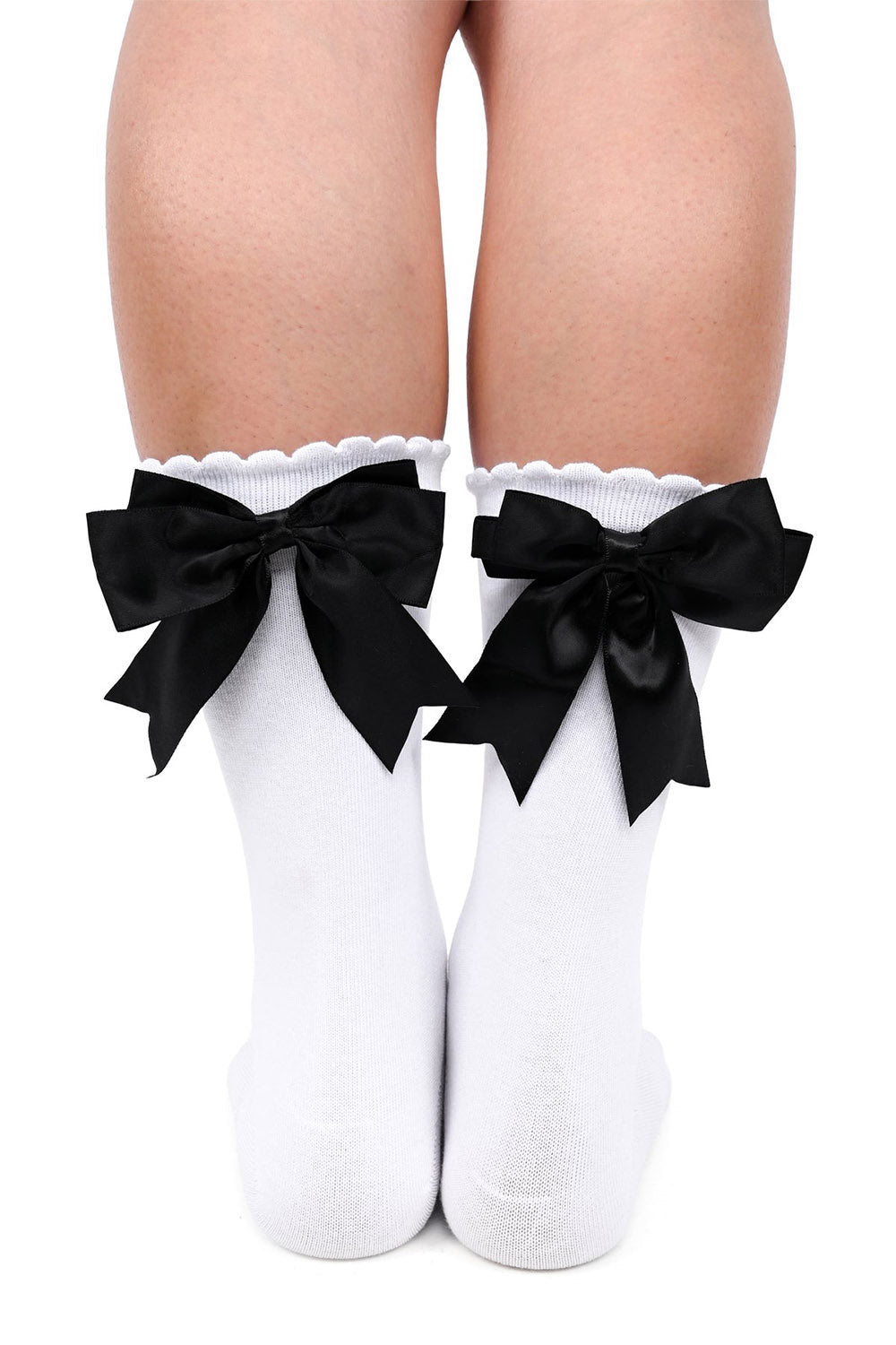 white scalloped socks with black bows