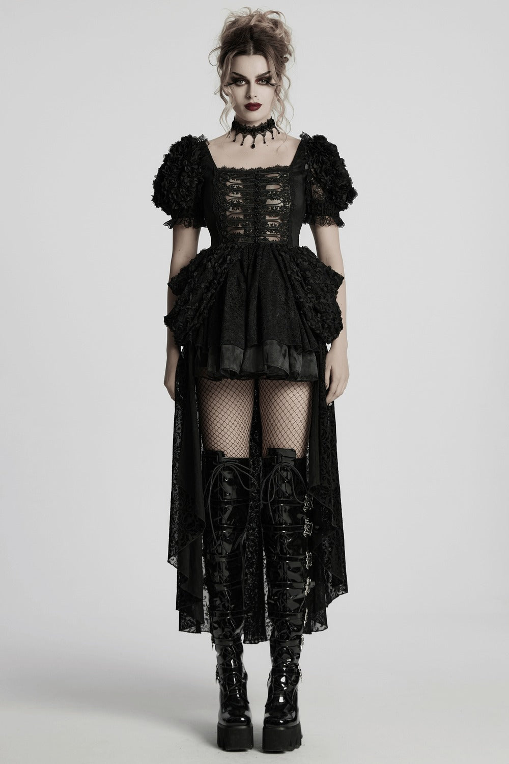 womens high low gothic layered skirt dress with flower sleeves