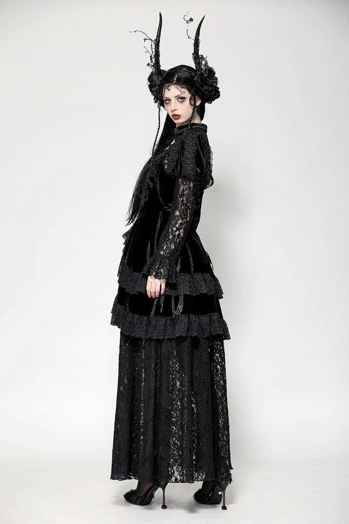 puffed shoulder layered ruffled gothic gown