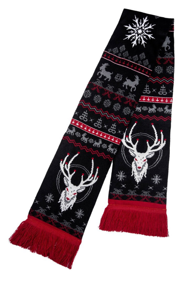 spooky knitted goth xmas scarf with red fringe