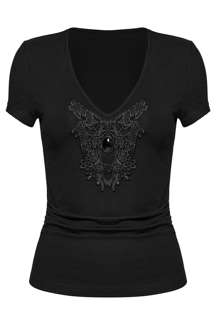 womens embroidered floral faux gemstone top