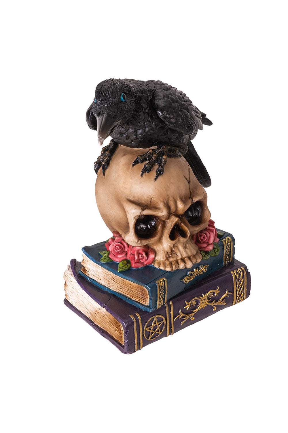 gothic raven sitting on skull statue