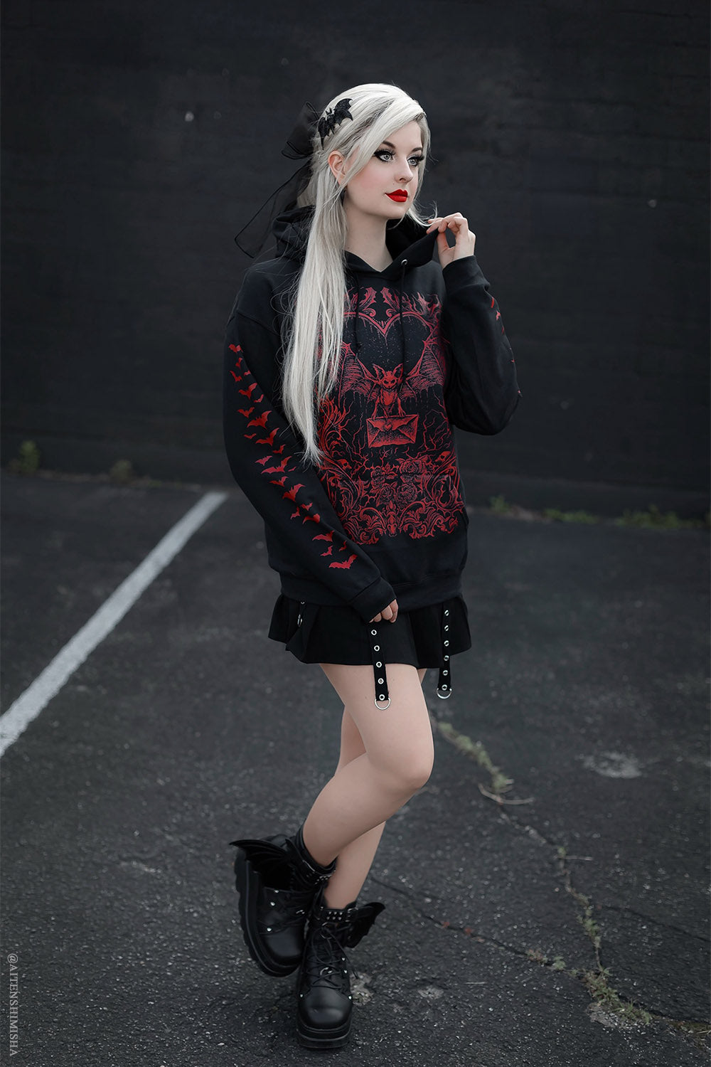 gothic red vampire bat graphic hoodie with printed bat sleeves