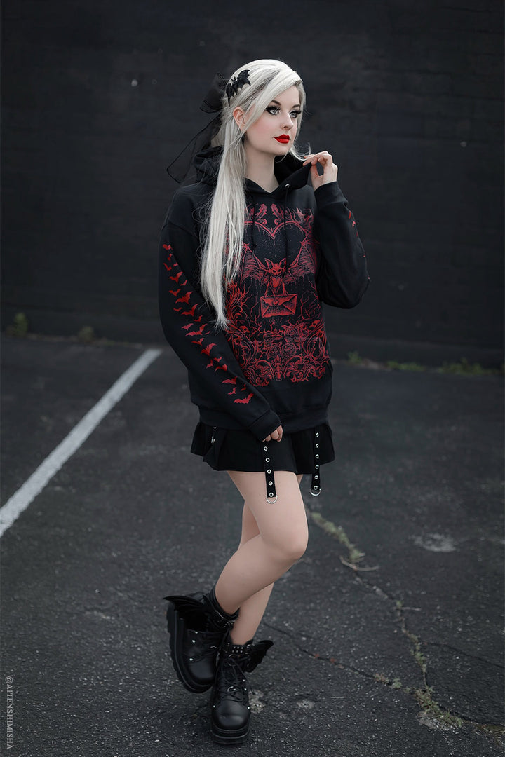 gothic red vampire bat graphic hoodie with printed bat sleeves