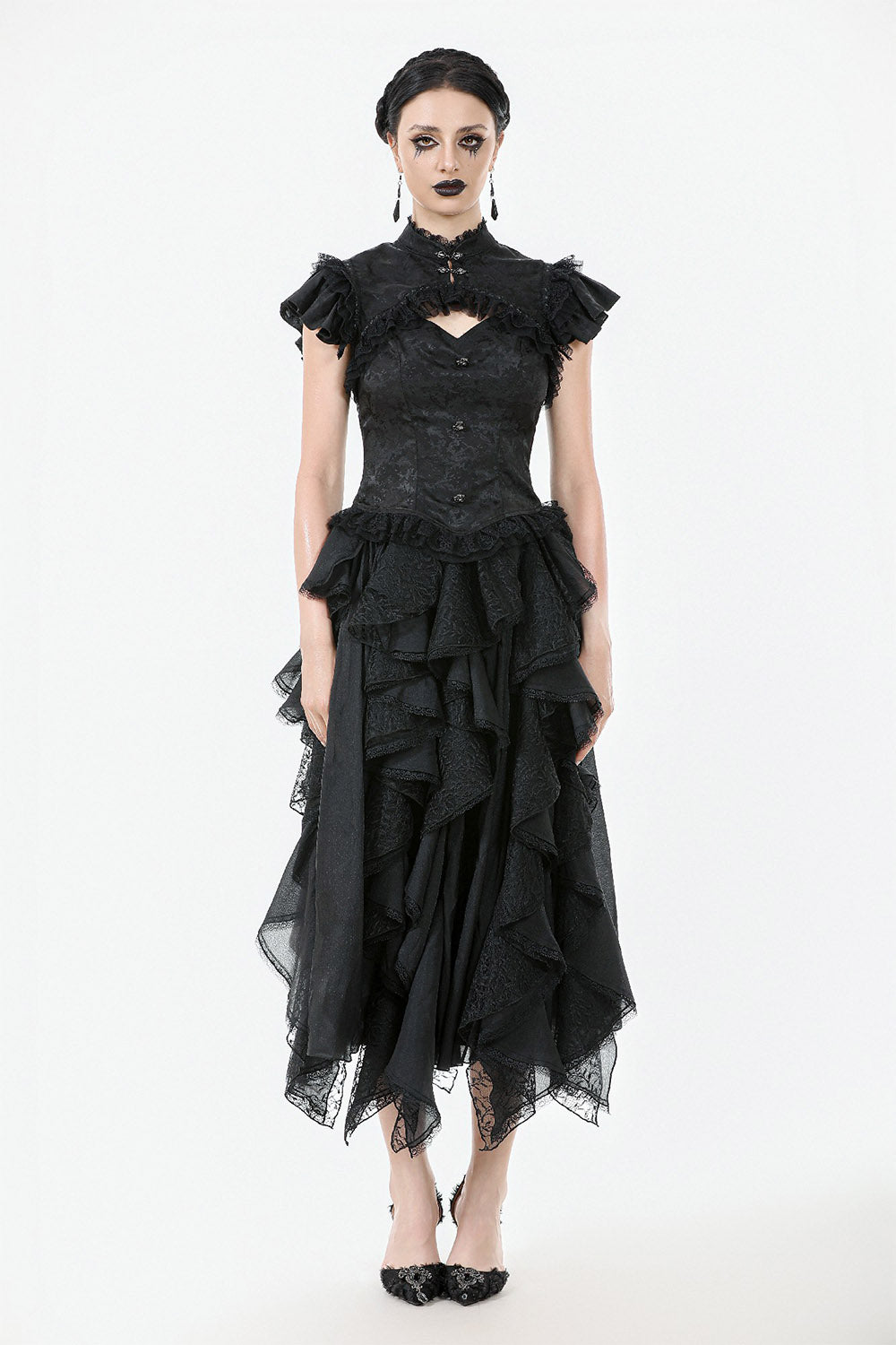 romantic lace ruffle high collar top